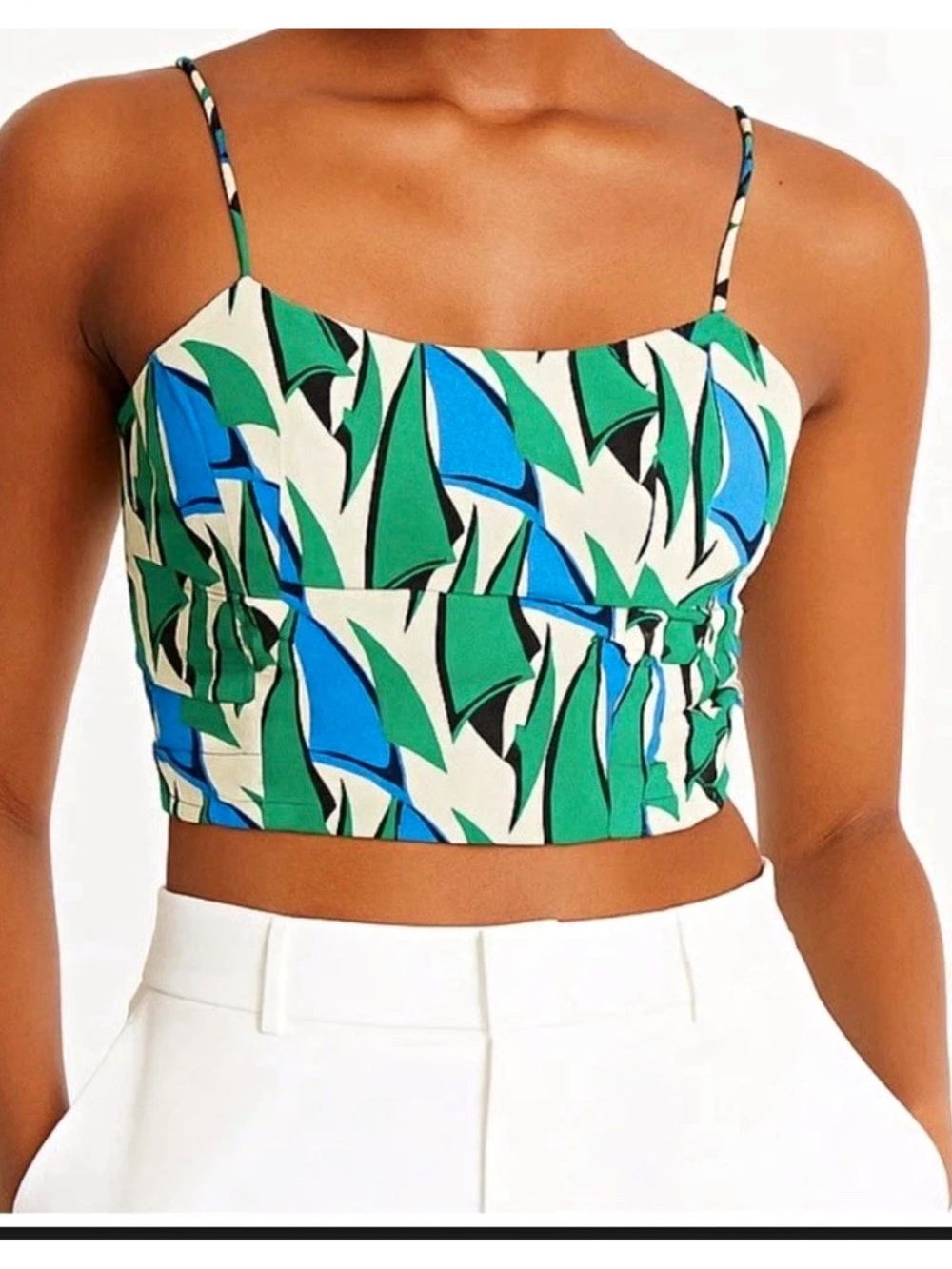 Zara Smocked Floral Print Crop Top in Green & Blue
